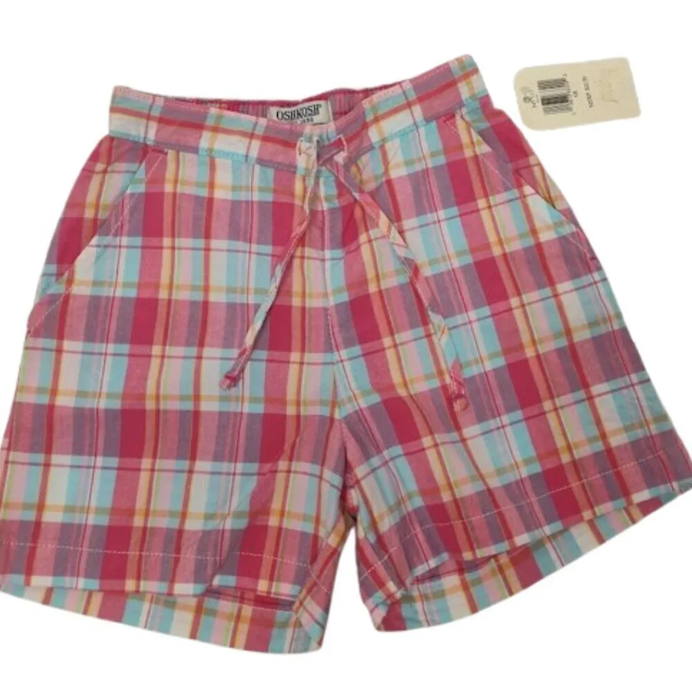 Oshkosh Y2K Girl's Plaid Pastel Shorts with String 100% Cotton Size 6 NWT